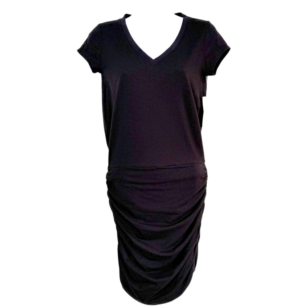 Athleta Topanga V Neck Dress Sz XXS Black Ruched Athleisure Travel Stretch - Picture 2 of 8